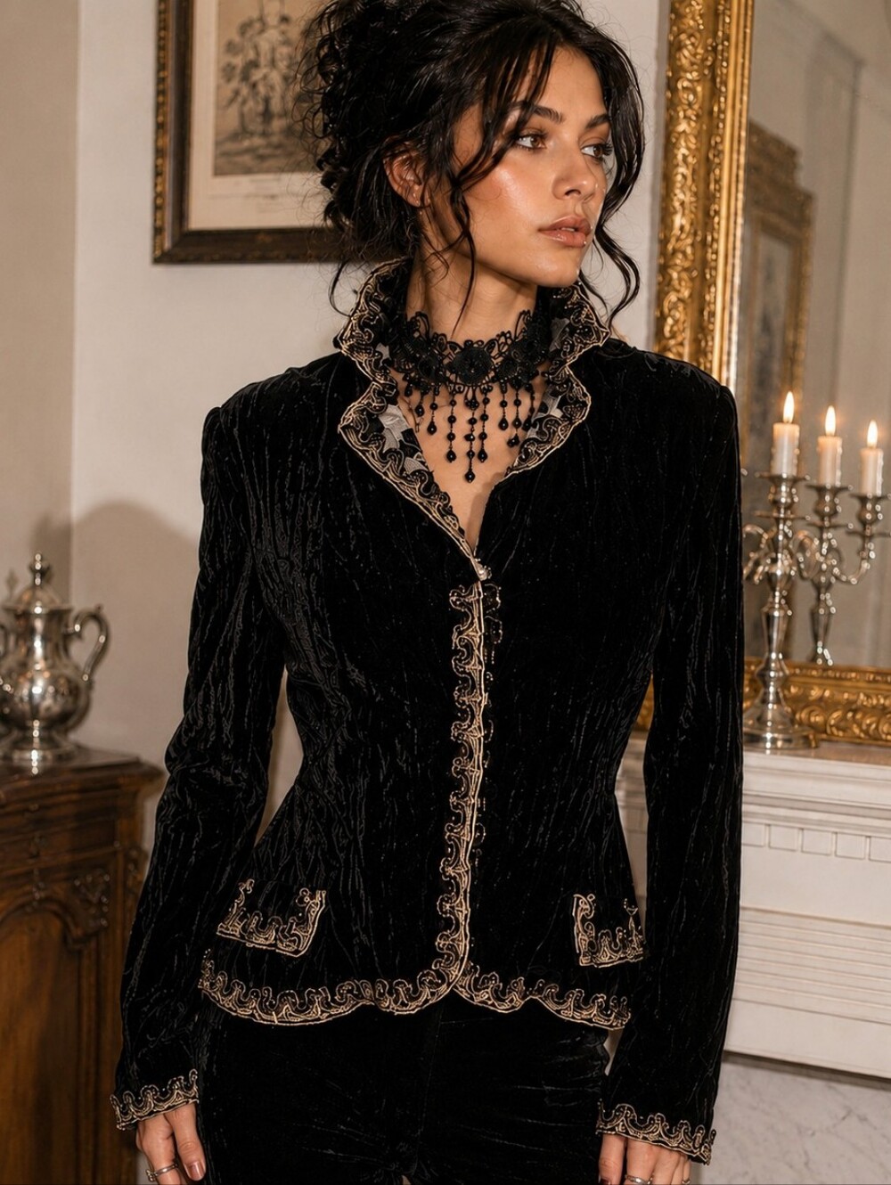 Vintage 90s Black Velvet Blazer Metallic Sequin Beaded Goth Vamp Size Medium